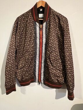 Burberry Brown Monogram Zip-Up bomber Jacket with Red Trim